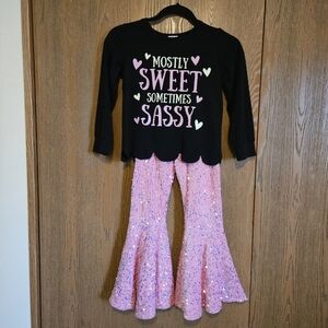 Girl's Black and Pink Graphic Top with Sequin Pants